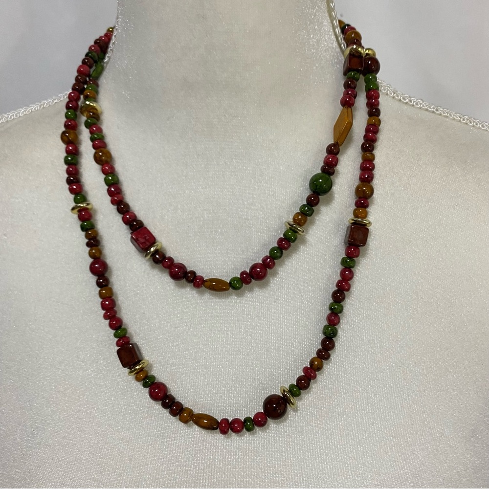 Layered Multicolor Beaded Necklace with Red, Green & Brown Accents